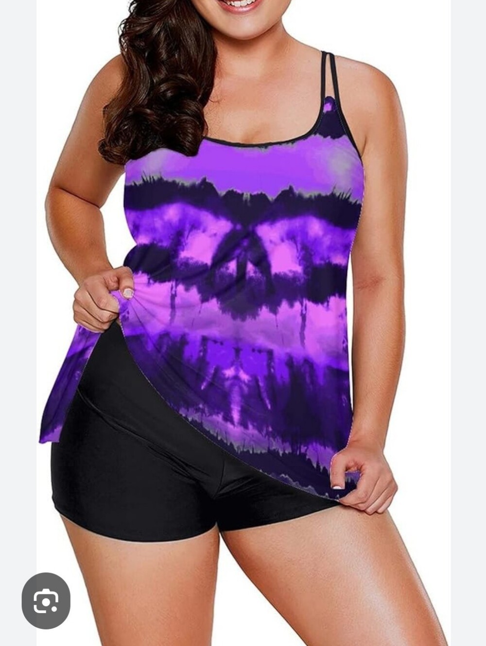 Purple Tie-Dye Tankini Swim Top with Black Shorts
